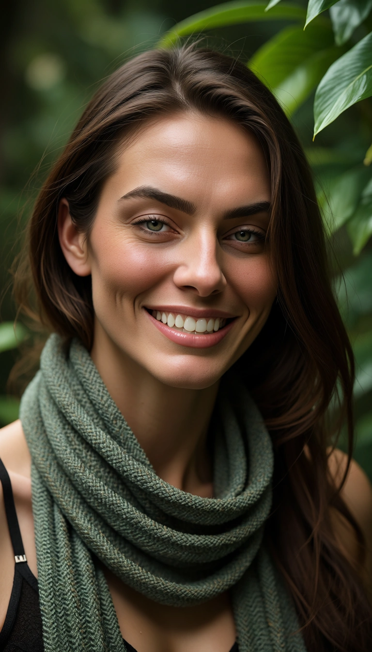 highly detailed, natural lighting, three-quarter view, 1other, creampie, scarf, plant, teasing grin, photorealistic