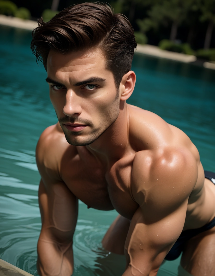 ultra HD, lifelike, dutch angle, milf, bent over, muscular male, water, dominant stare, photorealistic, score_9, score_8, candid photo, realistic skin texture, visible skin pores, film grain, depth of field