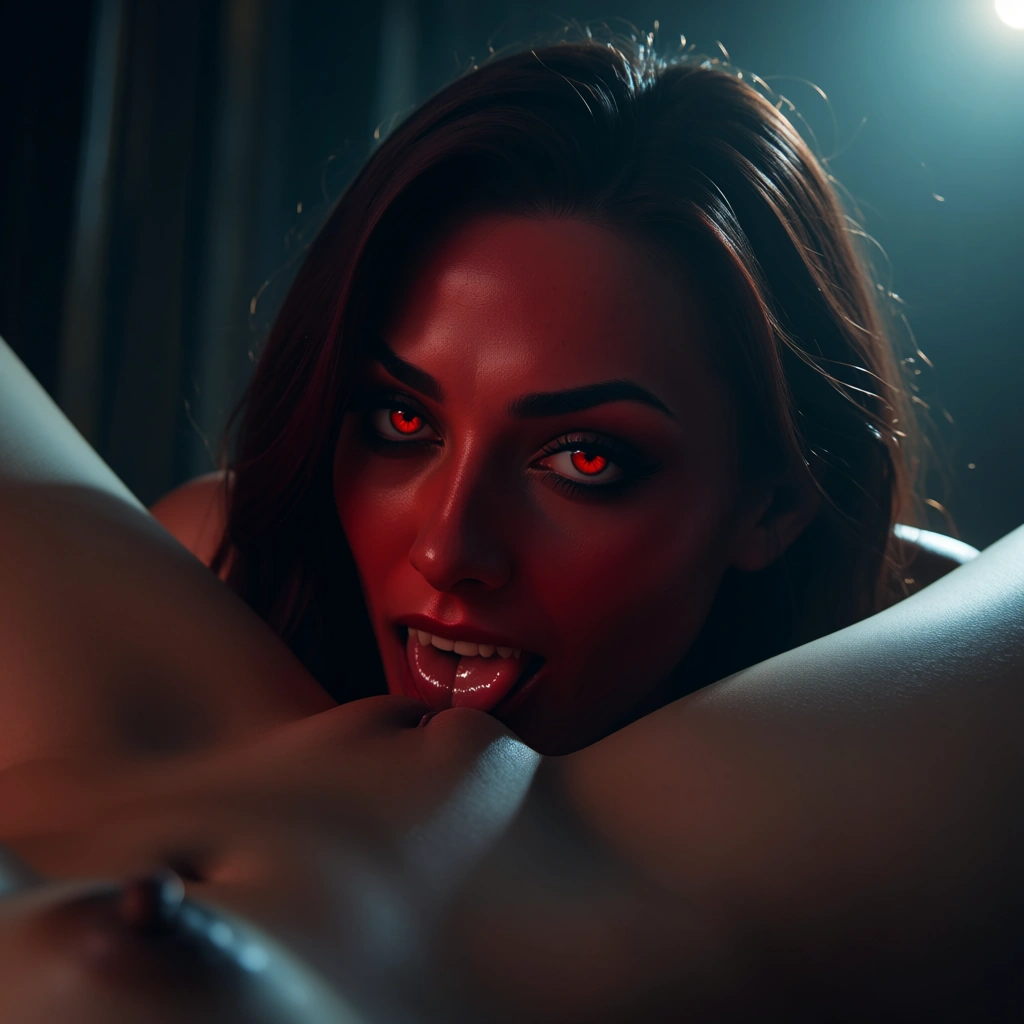 film look, highres, low angle, demon woman, slow turn, cunnilingus, ambient glow, anamorphic lens