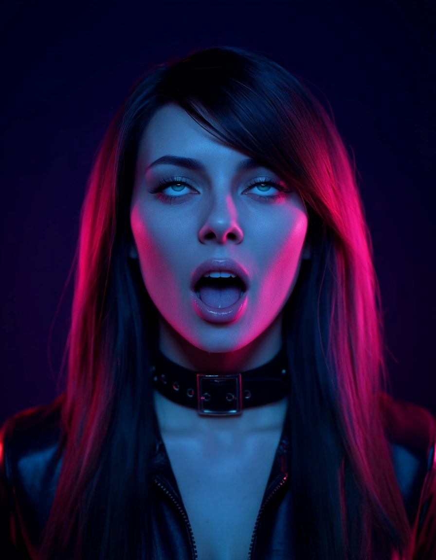 studio quality, sharp focus, milf, swept bangs, belt, ahegao, neon glow, lifelike render, score_9, score_8, candid photo, realistic skin texture, visible skin pores, film grain, depth of field