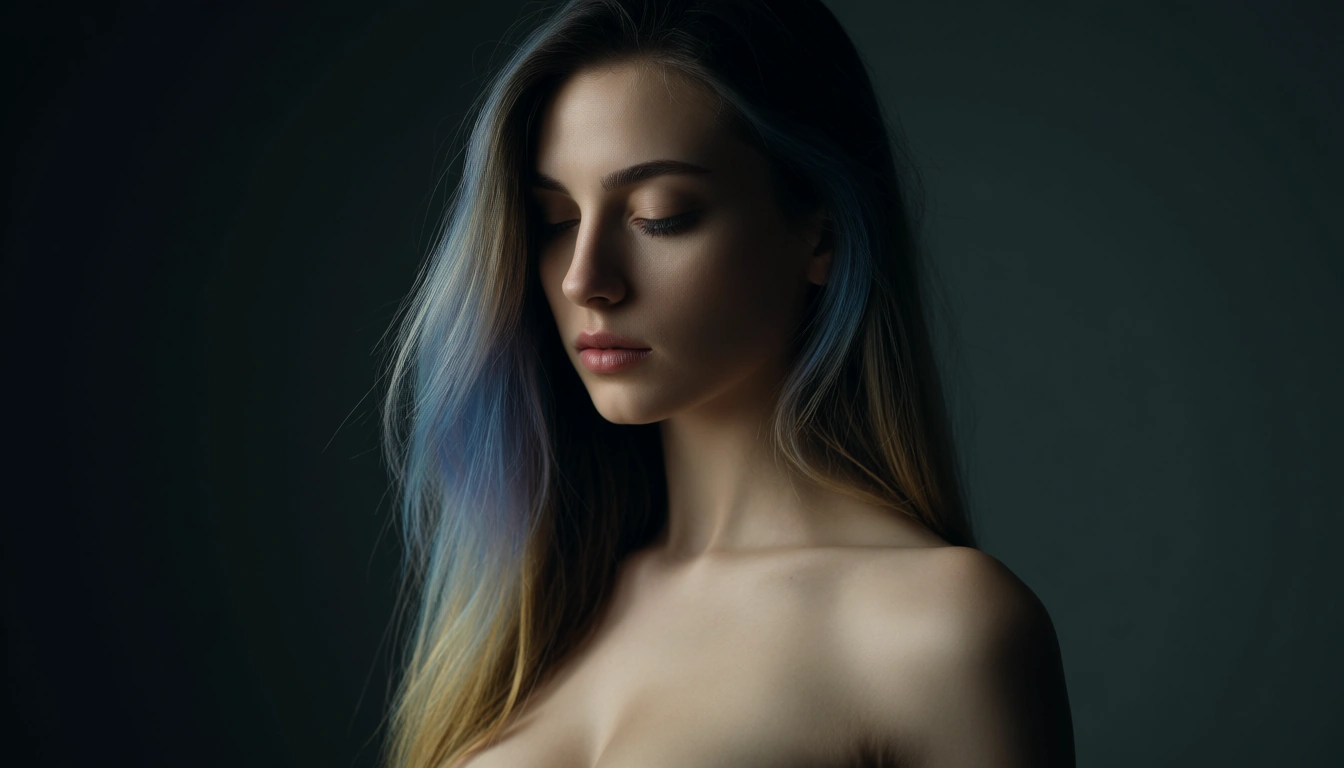 1woman, solo, nude, standing, young woman, long multicolored hair, soft blended hair colors, serene expression, half-closed eyes, medium breasts, soft natural body, realistic skin, faint blemishes, subtle skin texture, delicate wrinkles, fine skin detail, soft diffused lighting, gentle rim light, low contrast lighting, soft shadows, fine art photography, studio background, dark muted background, shallow depth of field, subtle film grain, cinematic softness, photorealistic, ethereal atmosphere, quiet mood, elegant composition, soft rim lighting, cinematic lighting, detailed skin texture, natural skin tones, portrait, simple background, score_9, score_8, candid photo, realistic skin texture, visible skin pores, film grain, depth of field