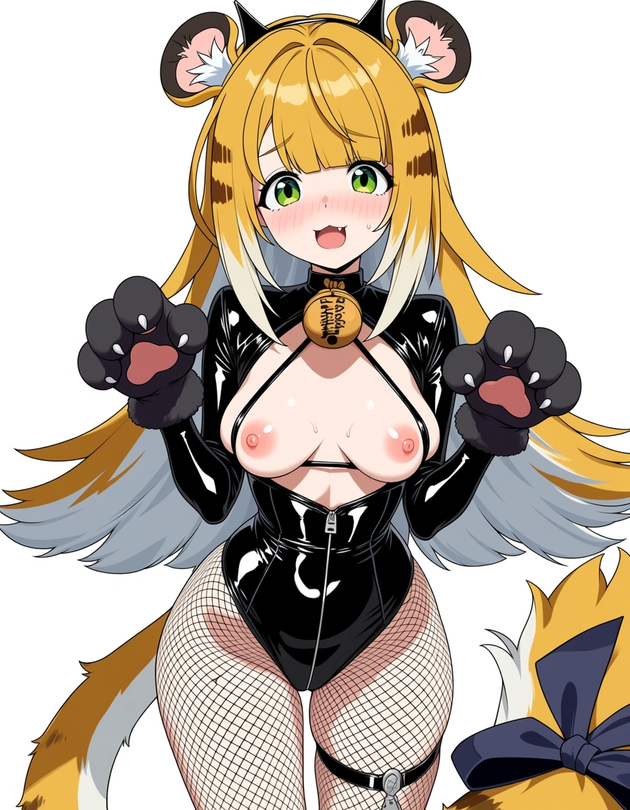 (anime style:1.3), 2d, anime screencap, cel shading, flat color, Ju Fufu from Zenless Zone Zero , wearing sexy catgirl outfit with cat ears and tail, black latex bikini, exposed nipples, fishnet stockings, nipples fully visible