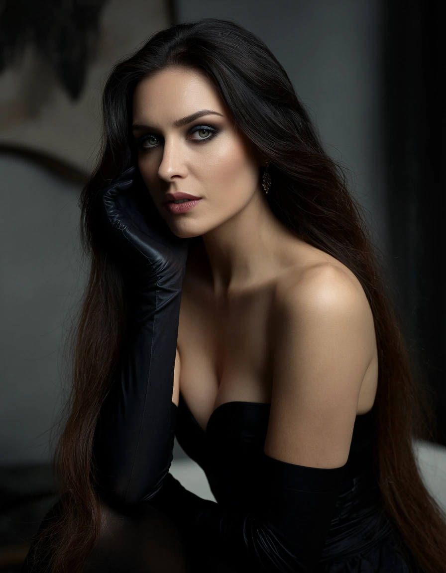 professional photo, high detail, witch, very long hair, black gloves, 69 position, studio picture, score_9, score_8, candid photo, realistic skin texture, visible skin pores, film grain, depth of field