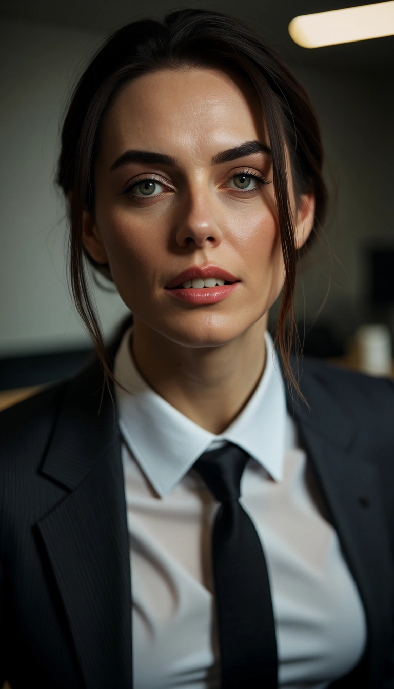RAW photo, ultra realistic, office lady, necktie, bondage, hyperrealistic, score_9, score_8, candid photo, realistic skin texture, visible skin pores, film grain, depth of field