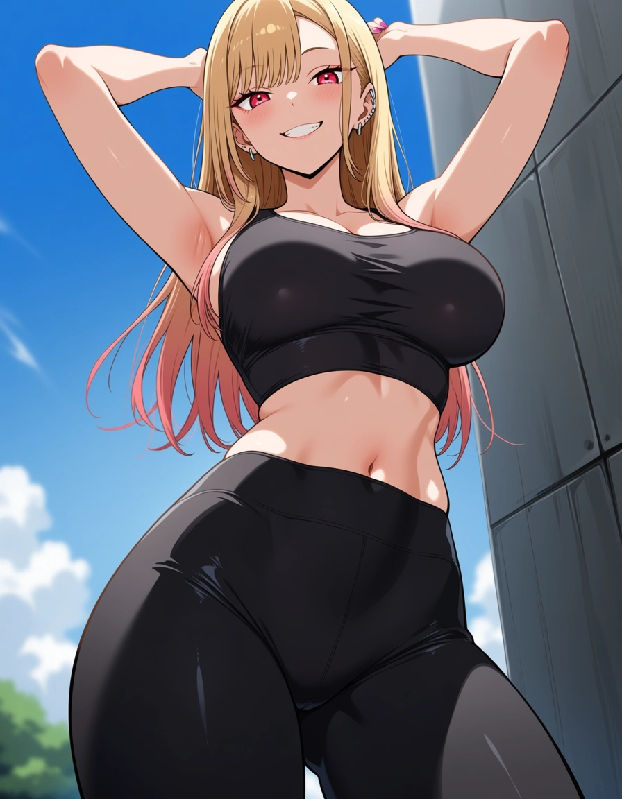/masterpiece /ultra_detailed /best_quality /highres /sharp_focus #2girls #leggings #crop_top #outdoors @nagatoro_hayase @kitagawa_marin, hentai_studio_quality