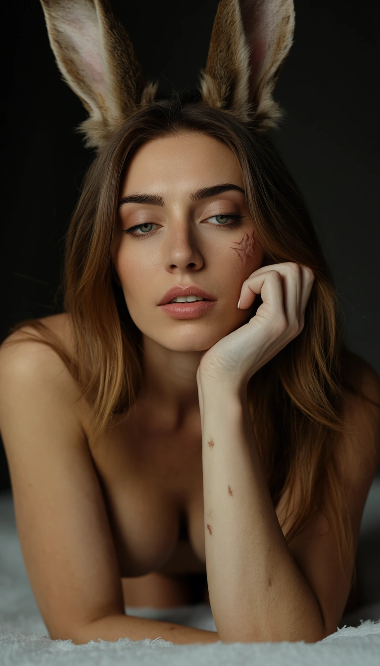 sharp focus, 8k uhd, bunny woman, doggy style, scar, transparent background, relaxed mood, RAW photo