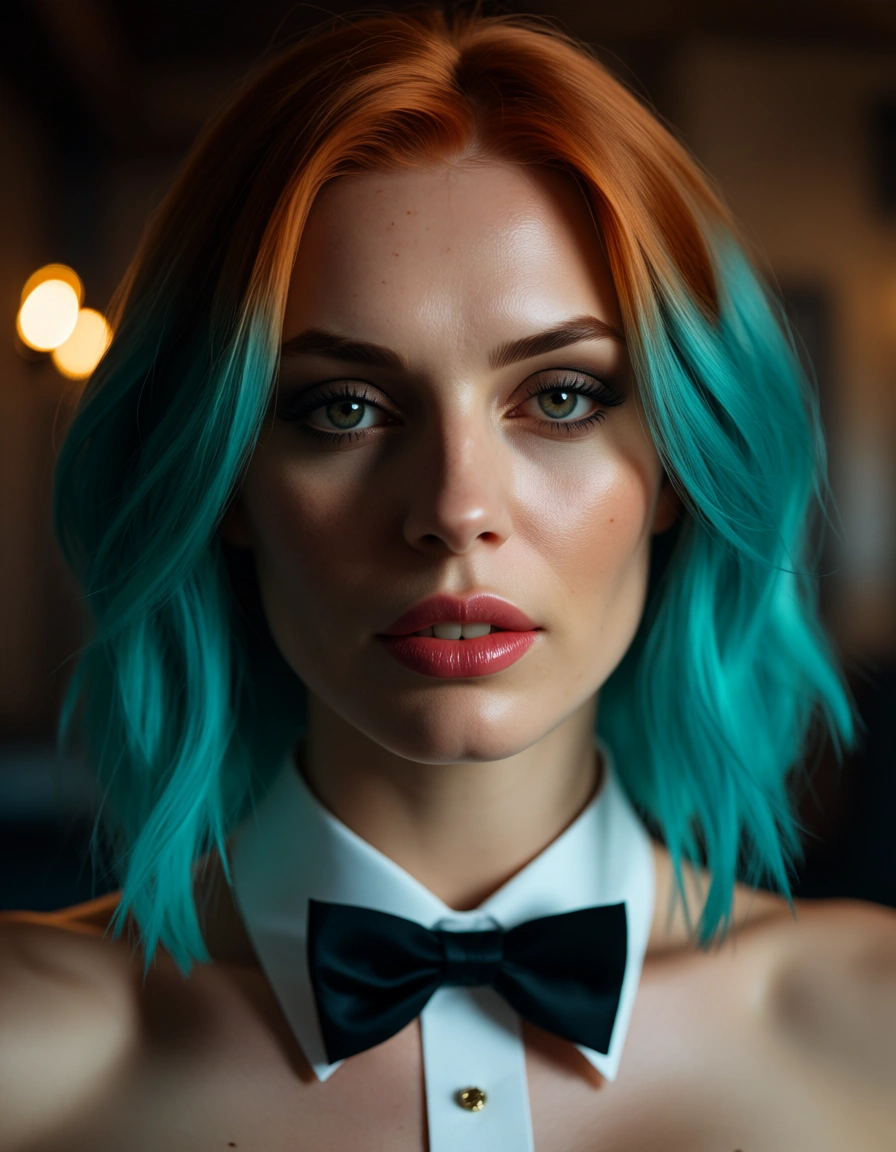dslr, film grain, photorealistic, redhead woman, aqua hair, bowtie, bondage, natural skin texture, score_9, score_8, candid photo, realistic skin texture, visible skin pores, film grain, depth of field