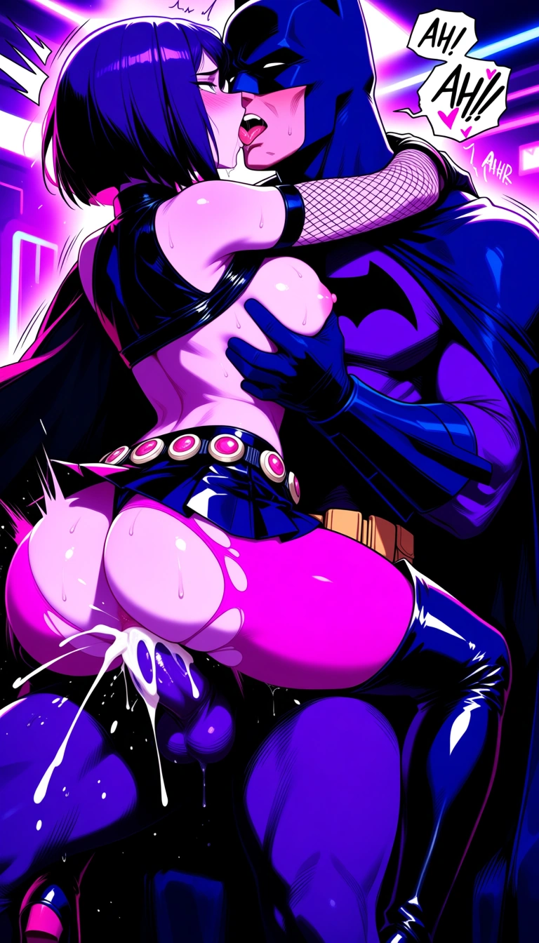 Hentai Raven bright lighting purple skin riding Batman's cock reverse cowgirl slowly in her ass as he kisses her passionately while cumming inside her asshole bouncing up and down anal sex while she moans and begs for more inside a strip club wearing fishnet suit latex miniskirt pink pantyhose thigh high boots utility belt torn_clothes showing medium breasts moaning orgasm screaming I love your cock spreading legs while grabbing Batman's head and kissing him intensely while having his cock ejaculate inside /masterpiece sex_from_behind from_below purple hair breasts_out Batman grabbing Raven's breasts Batman's cock going deep inside Raven's ass anal sex bukkake lingerie looking_at_viewer double_penetration