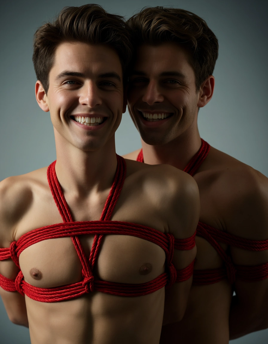 RAW photo, ultra realistic, 2boys, bondage, underboob, gradient background, teasing grin, cinematic realism, score_9, score_8, candid photo, realistic skin texture, visible skin pores, film grain, depth of field