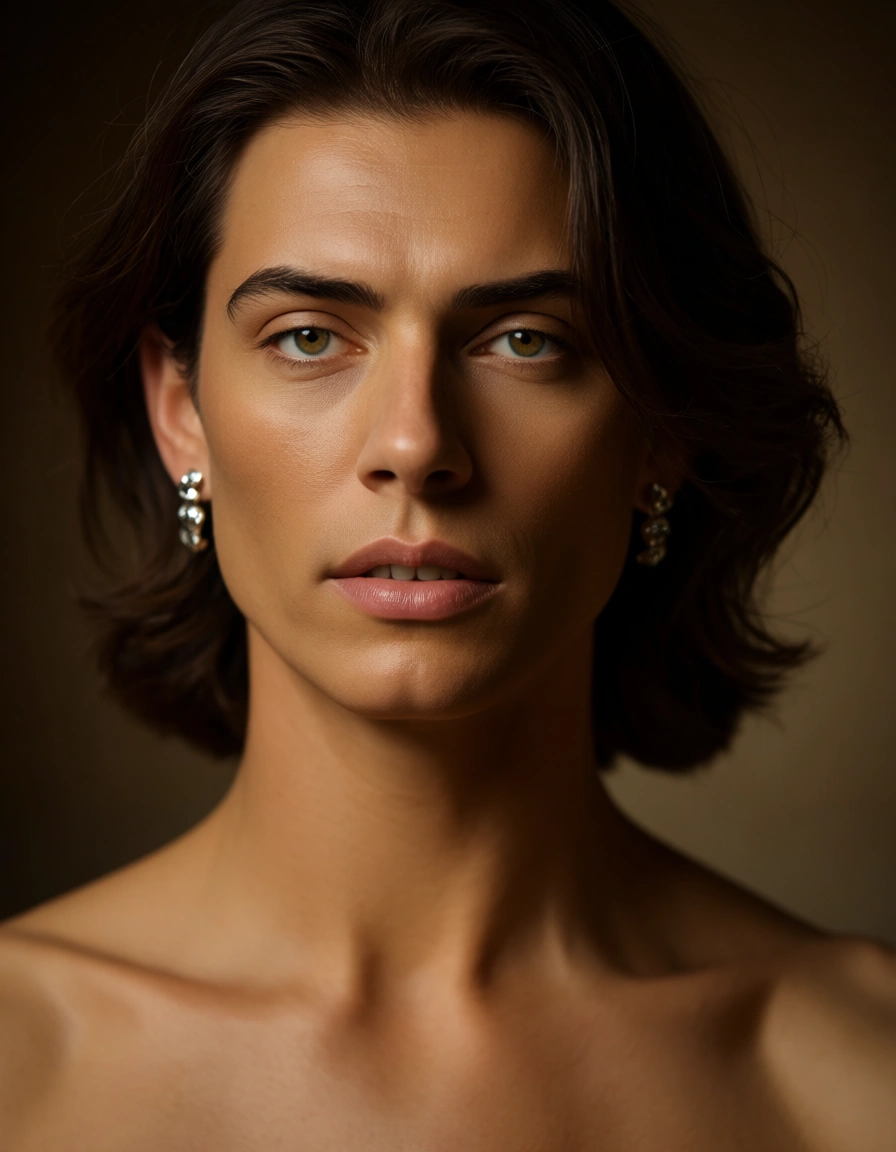 8k, sharp focus, detailed skin, male focus, earrings, topless, warm tones, studio photo, score_9, score_8, candid photo, realistic skin texture, visible skin pores, film grain, depth of field
