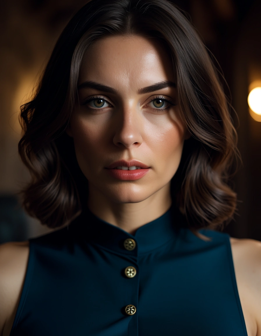 cinematic photo, 8k, brunette woman, buttons, sleeveless, bondage, portrait, golden hour, cinematic realism, score_9, score_8, candid photo, realistic skin texture, visible skin pores, film grain, depth of field