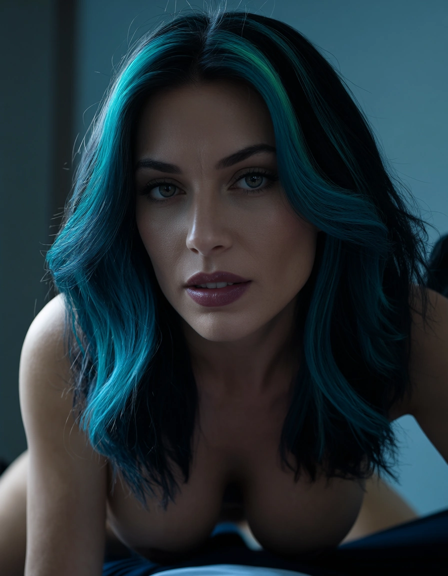 highly detailed, natural lighting, demon girl, streaked hair, shirt, 69 position, cool tones, film photography, score_9, score_8, candid photo, realistic skin texture, visible skin pores, film grain, depth of field