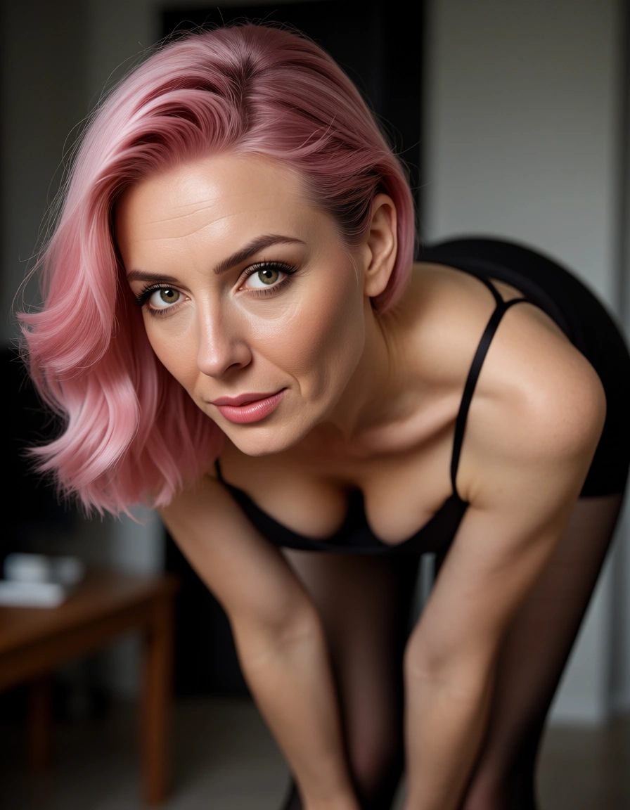 ultra HD, lifelike, mature female, pink hair, pantyhose, bent over, rim light, lifelike render, score_9, score_8, candid photo, realistic skin texture, visible skin pores, film grain, depth of field
