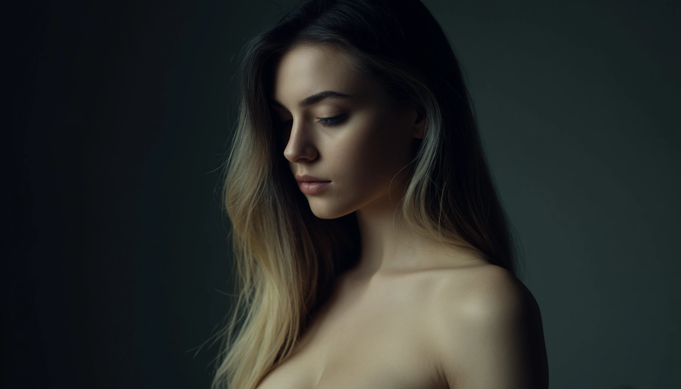 1girl, solo, nude, standing, young woman, long multicolored hair, soft blended hair colors, serene expression, half-closed eyes, medium breasts, soft natural body, realistic skin, faint blemishes, subtle skin texture, delicate wrinkles, fine skin detail, soft diffused lighting, gentle rim light, low contrast lighting, soft shadows, fine art photography, studio background, dark muted background, shallow depth of field, subtle film grain, cinematic softness, photorealistic, ethereal atmosphere, quiet mood, elegant composition, soft rim lighting, cinematic lighting, detailed skin texture, natural skin tones, portrait, simple background, score_9, score_8, amateur photo, phone snapshot, realistic skin texture, skin blemishes, soft indoor lighting
