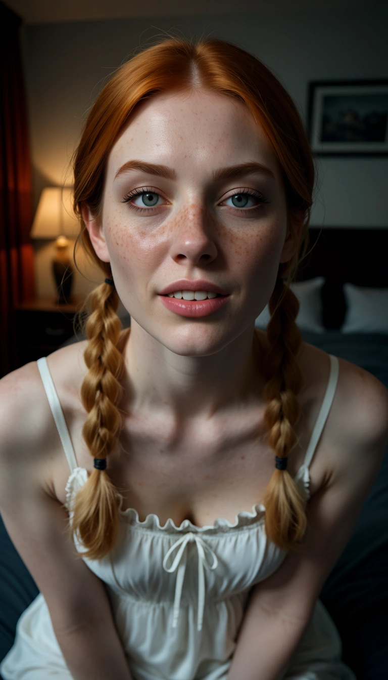 bad webcam grainy quality, dark bedroom, a cute woman in a nighgown teasing the user, blonde, pale_skin, petite, 18, redhead, pigtails, freckles, retainer