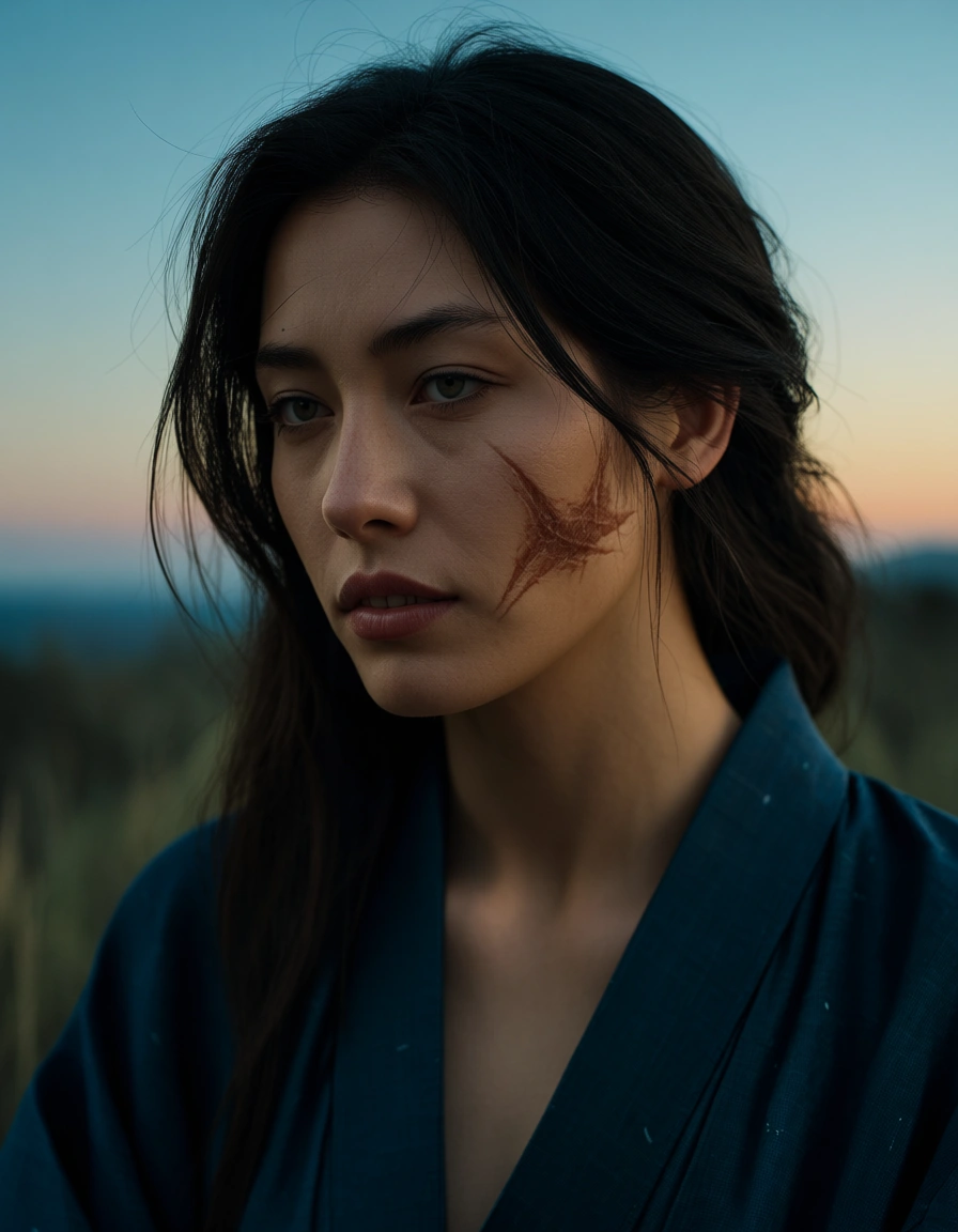 professional photo, high detail, solo female, scar, japanese clothes, facesitting, sky, 8k uhd photo, score_9, score_8, candid photo, realistic skin texture, visible skin pores, film grain, depth of field