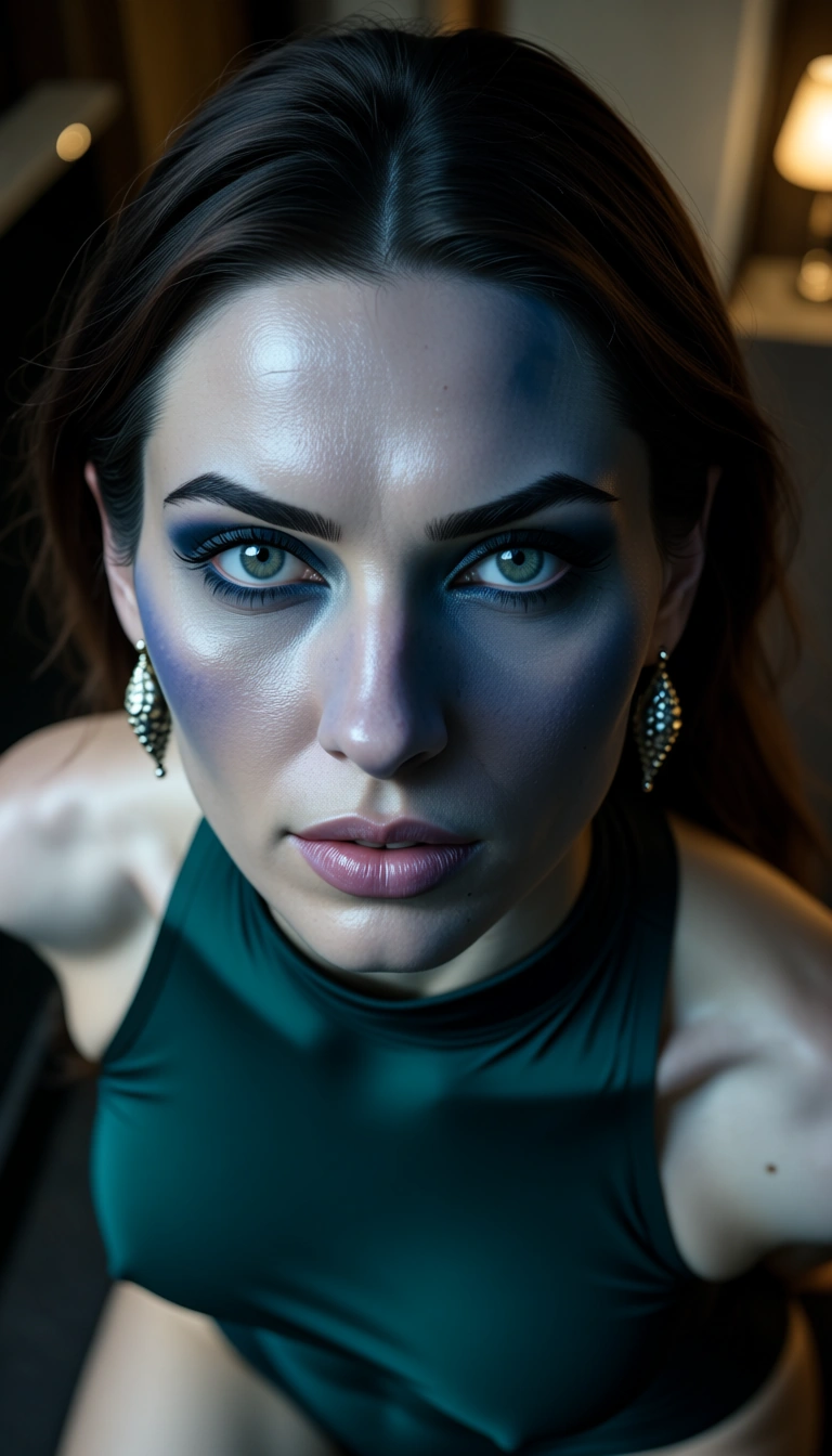 highly detailed, natural lighting, brunette woman, colored skin, earrings, bondage, blurry background, from above, hyperrealistic