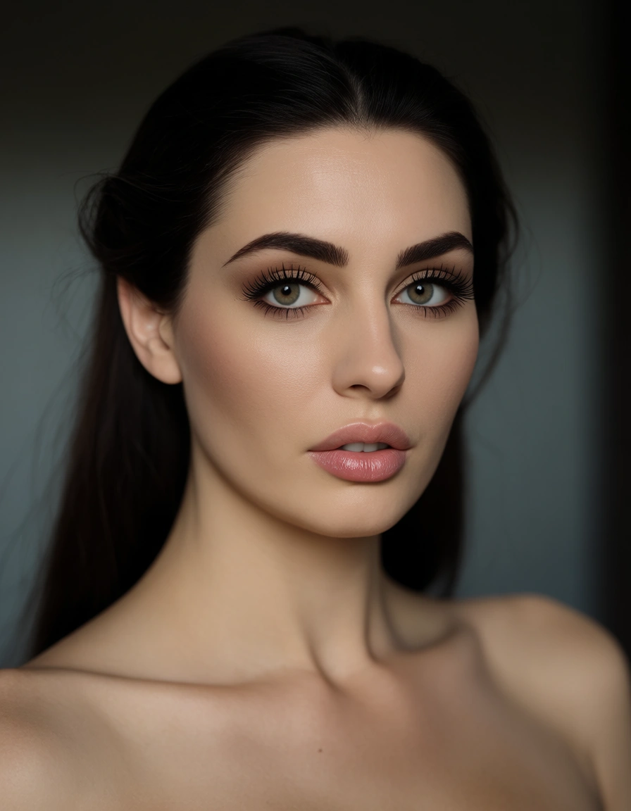 Long, dark hair styled back
Defined eyebrows and prominent eyelashes
Full lips and a rounded/oval face
A light complexion
A curvy build futanari, score_9, score_8, candid photo, realistic skin texture, visible skin pores, film grain, depth of field