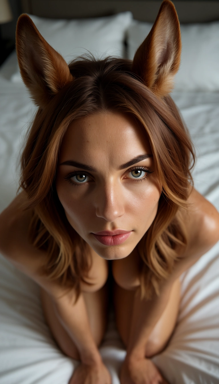 dslr, film grain, photorealistic, from above, milf, kneeling on bed, horse ears, hyperrealistic
