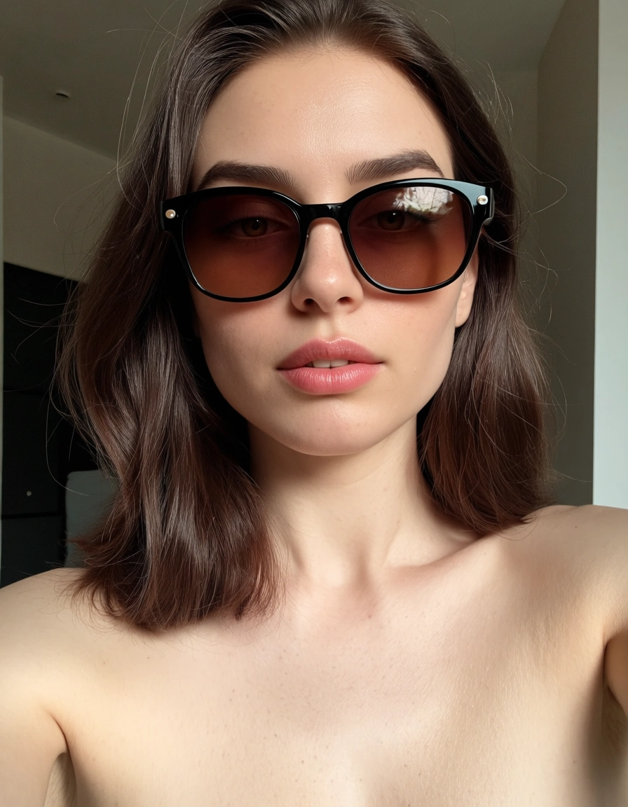 score_9, score_8, @2025, @candid photo, (amateur photography:1.2), (realistic skin texture:1.4), visible skin pores, skin blemishes, goosebumps, natural skin, soft natural lighting, (depth of field), film grain, sharp focus, 8k uhd, brunette woman, sunglasses, selfie pose, topless, soft lighting, 8k uhd photo