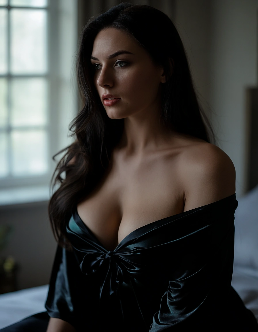 a woman with long dark hair in a black silk slip, soft window light, shot on film, score_9, score_8, candid photo, realistic skin texture, visible skin pores, film grain, depth of field