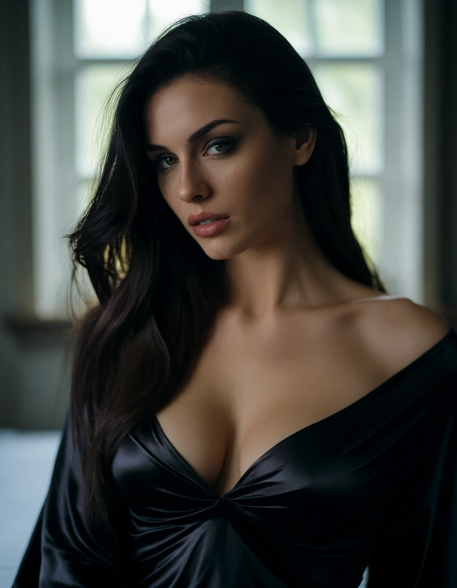 a woman with long dark hair in a black silk slip, soft window light, shot on film, score_9, score_8, candid photo, realistic skin texture, visible skin pores, film grain, depth of field