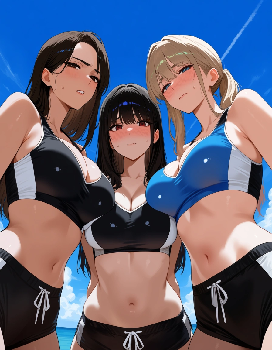ultra detailed shading, 3girls, stomach, sleeveless, blowjob, blue sky, nervous blush, hentai style, hentai_studio_quality