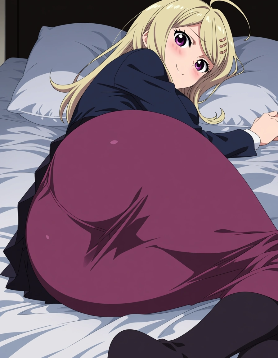 akairiot_artstyle, @akamatsu_kaede, 1girl, ass, embarrassed, smile, skirt, lying, on_bed, on_stomach, full_body, from_behind, (anime style:1.3), 2d, anime screencap, cel shading, flat color, @00osamio00