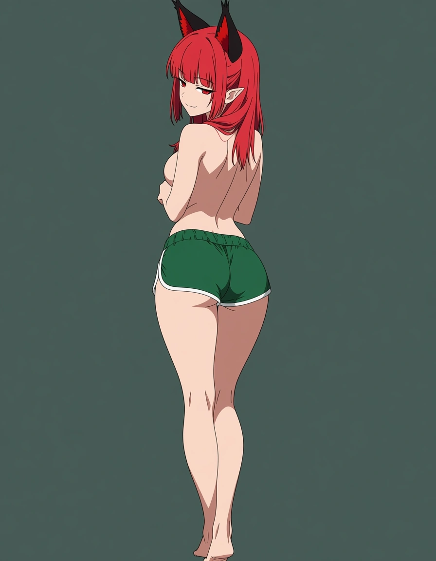 akairiot_artstyle, @kaenbyou_rin, 1girl, solo, ass, dolphin_shorts, green_shorts, naughty_face, looking_back, full_body, standing, from_behind, (anime style:1.3), 2d, anime screencap, cel shading, flat color, @00osamio00