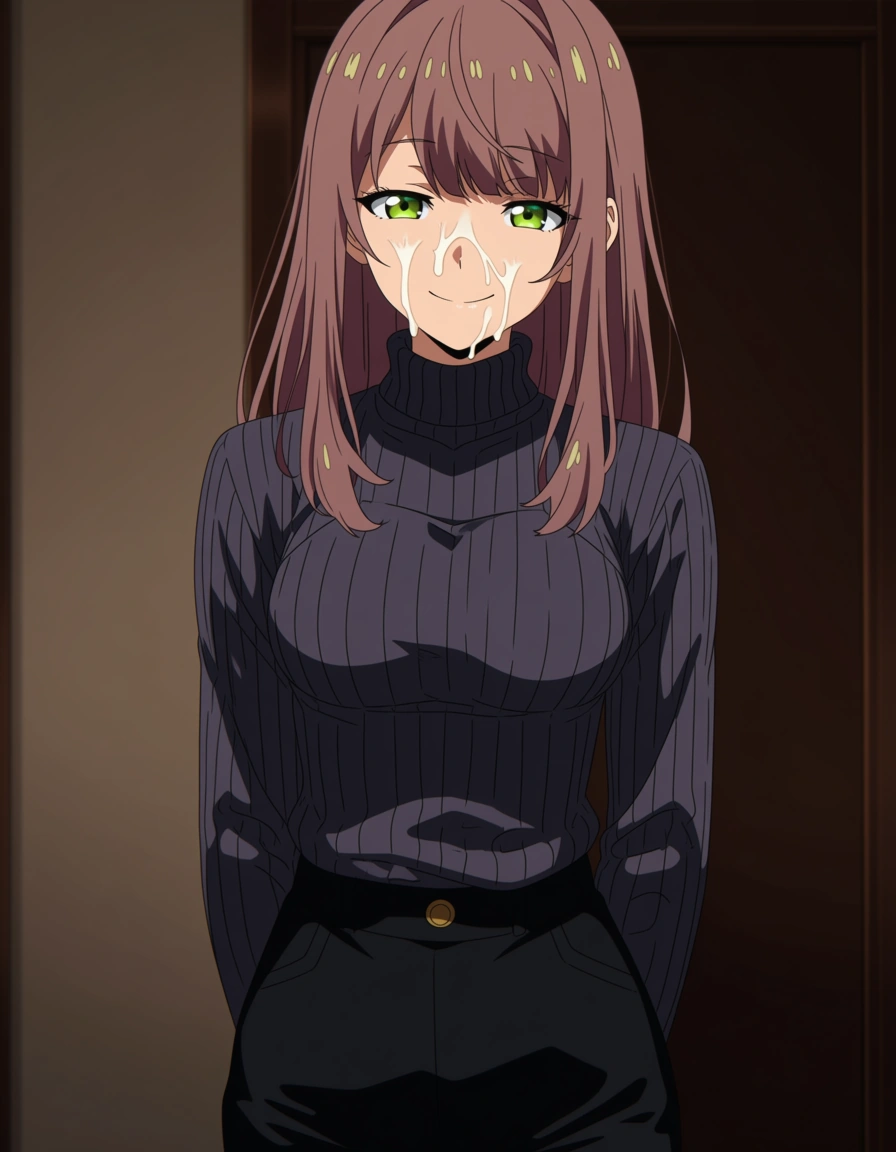 akairiot_artstyle, @monika_(doki_doki_literature_club), 1girl, hair_down, smile, full-face_blush, facial, cum, turtleneck_sweater, standing, looking_at_viewer, (anime style:1.3), 2d, anime screencap, cel shading, flat color, @00osamio00