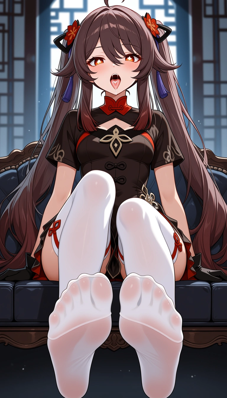 @hu_tao_(genshin_impact) #black_gloves #white_thighhighs #dress #cat_ears #solo #feet #knees_together_feet_apart 
Feet directed to viewer #tongue #cum_in_mouth, hentai_studio_quality