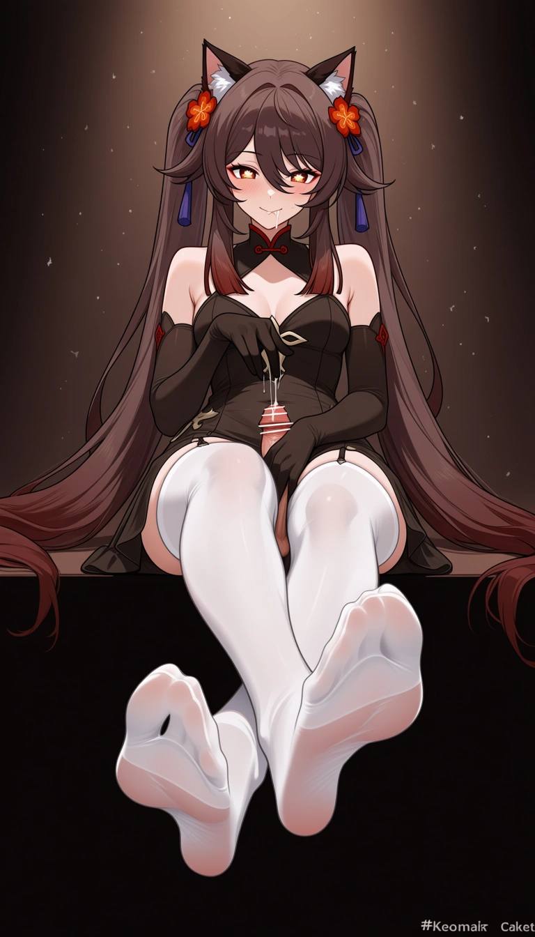 @hu_tao_(genshin_impact) #black_gloves #white_thighhighs #dress #cat_ears #solo #feet #knees_together_feet_apart 
Feet directed to viewer #tongue #cum_in_mouth #handjob, hentai_studio_quality