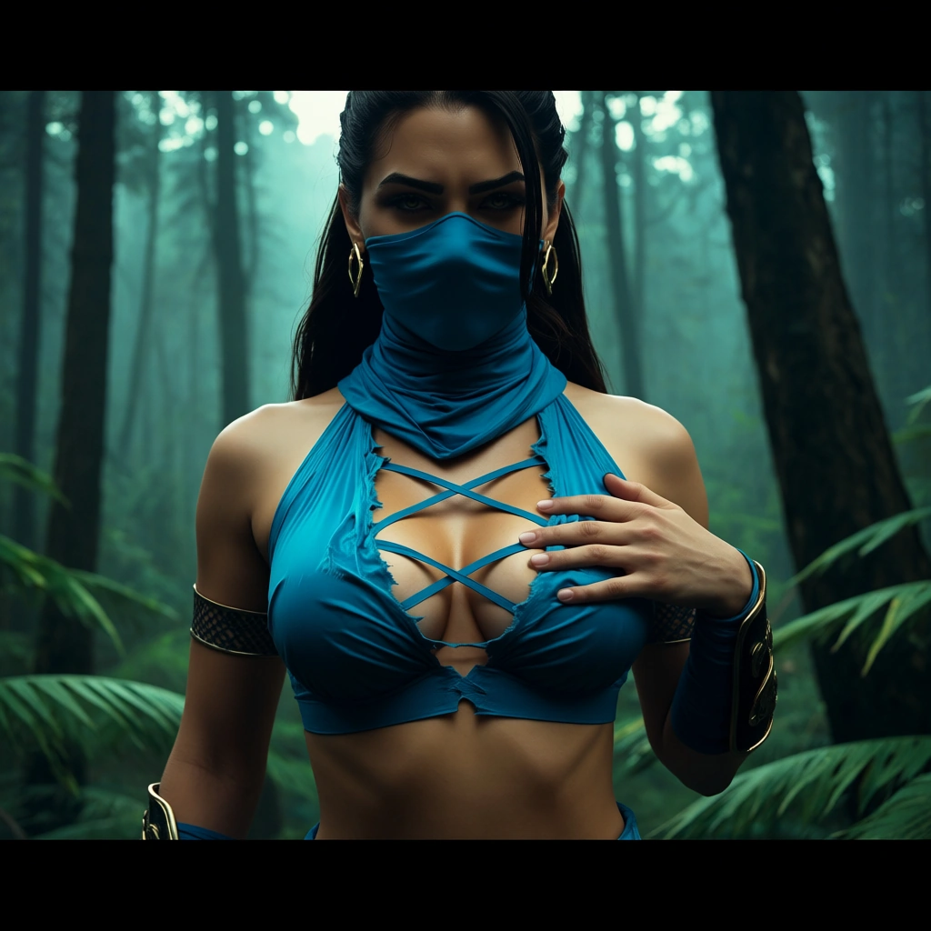 Kitana,mortalkombat,long hair,crown,earrings,crossy laced bra,strappy bra,midriff,cut-out clothe,navel,V short,wristband,armband,forest,torn bra,beaten,exposed bra,laying tree,torn top,revealing top,hand on breast,face mask ninja blue,bra off