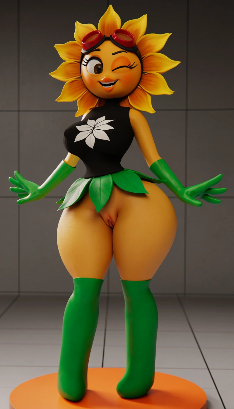 A 3D render of a stylized female sunflower character with a black top featuring a white leaf emblem, a green leafy skirt, and green legs and arms. She has a yellow sunflower head with an orange face, red goggles perched on top, and is winking with a playful expression. The character stands on an orange circular platform in a minimalist studio environment with a grey tiled background. The lighting is soft and highlights the character's form. The overall mood is cheerful and very flirty, she is extremely curby, has extremely big tits ass and pussy, she is tall, the lighting stands out her curves, she has a naked ass, she is being fucked in the pussy by a big cock
