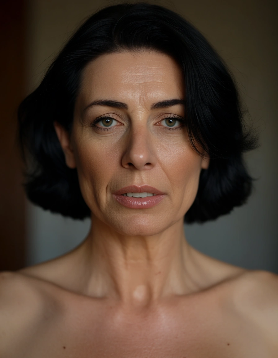 Explicit sex scene with creampie, featuring a mature adult with short black hair., score_9, score_8, candid photo, realistic skin texture, visible skin pores, film grain, depth of field