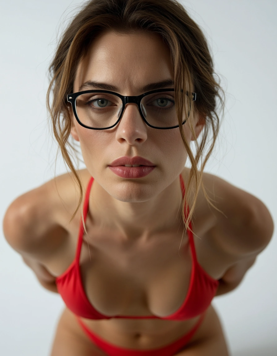 highly detailed, natural lighting, 1boy, glasses, swimsuit, bondage, white background, dslr quality, score_9, score_8, candid photo, realistic skin texture, visible skin pores, film grain, depth of field