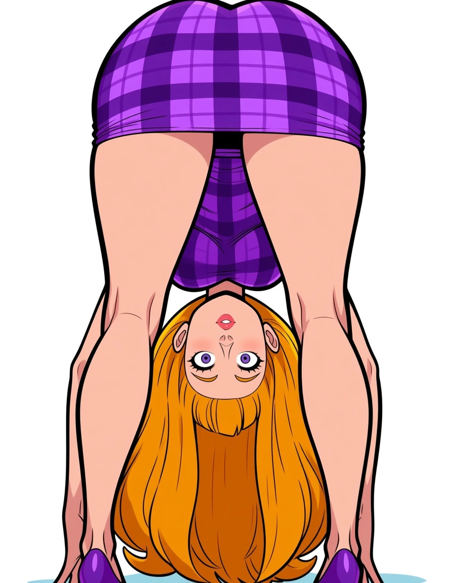Daphne Blake from Scooby-Doo, full body shot bending deeply at the waist so her hips are thrust forward toward the viewer. She wears her signature purple plaid mini-dress pulled up high on her thighs, revealing her pale skin. Her long blonde hair cascades down her back as she looks over her shoulder with wide, expressive eyes directly engaging the lens. Rendered in vibrant Saturday morning cartoon animation style, thick black outlines, flat bold colors, crisp details., hentai_studio_quality