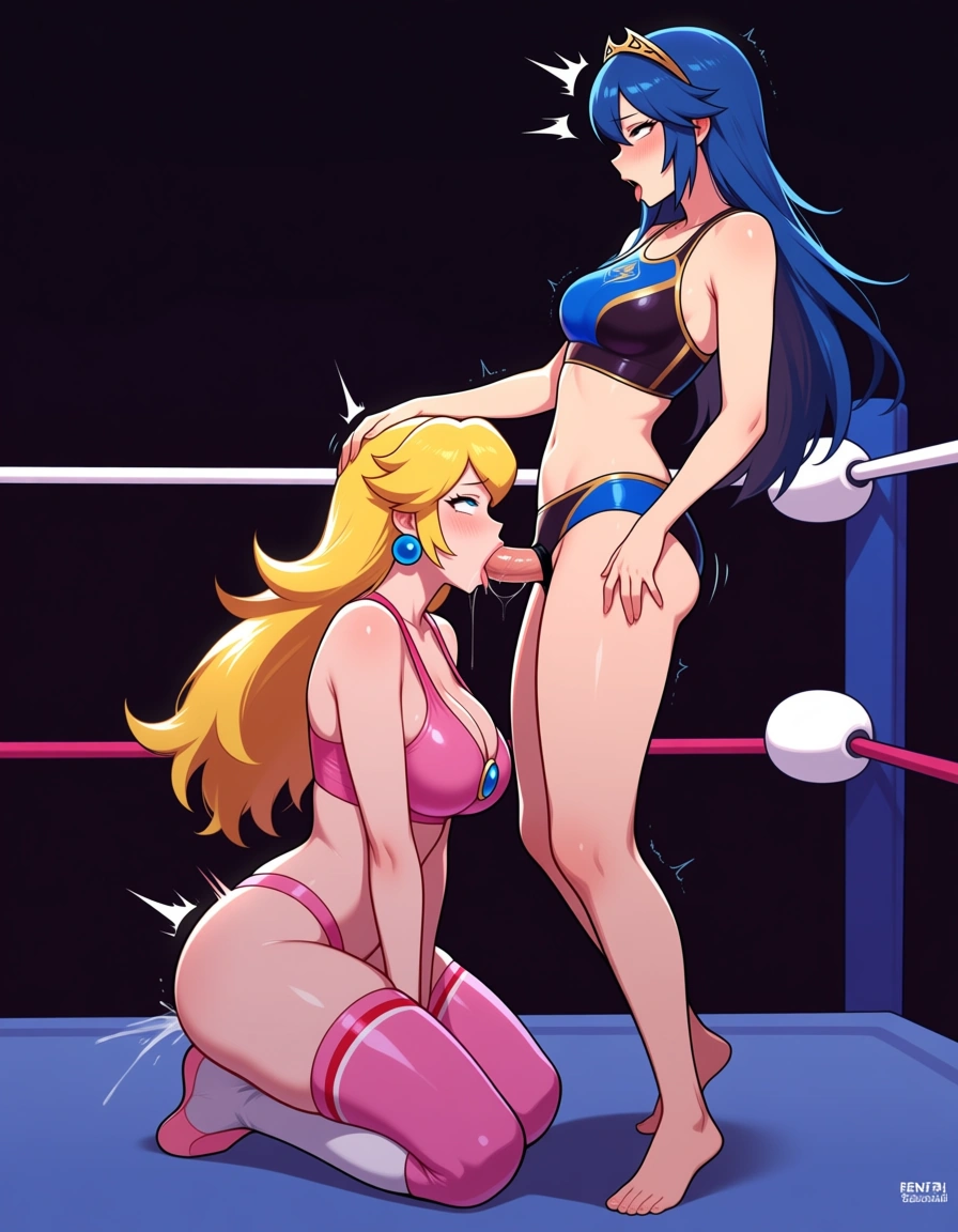 2girls , Best_quality, ultra_detailed, @princess_peach , @lucina_(fire_emblem) , yuri sex ,wrestling_ring wrestling defeated, pussy_juice squirting orgasm , ahegao , oral strap-on fellatio, head_grab kneeling, from_side,, hentai_studio_quality, hentai_studio_quality, hentai_studio_quality, hentai_studio_quality, hentai_studio_quality, hentai_studio_quality, hentai_studio_quality, hentai_studio_quality