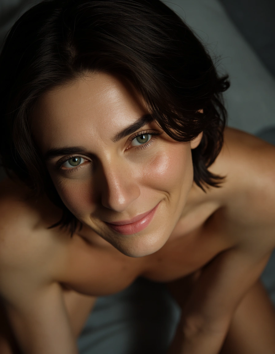 highly detailed, natural lighting, from above, 1boy, 69 position, hourglass figure, shy smile, film photography, score_9, score_8, candid photo, realistic skin texture, visible skin pores, film grain, depth of field