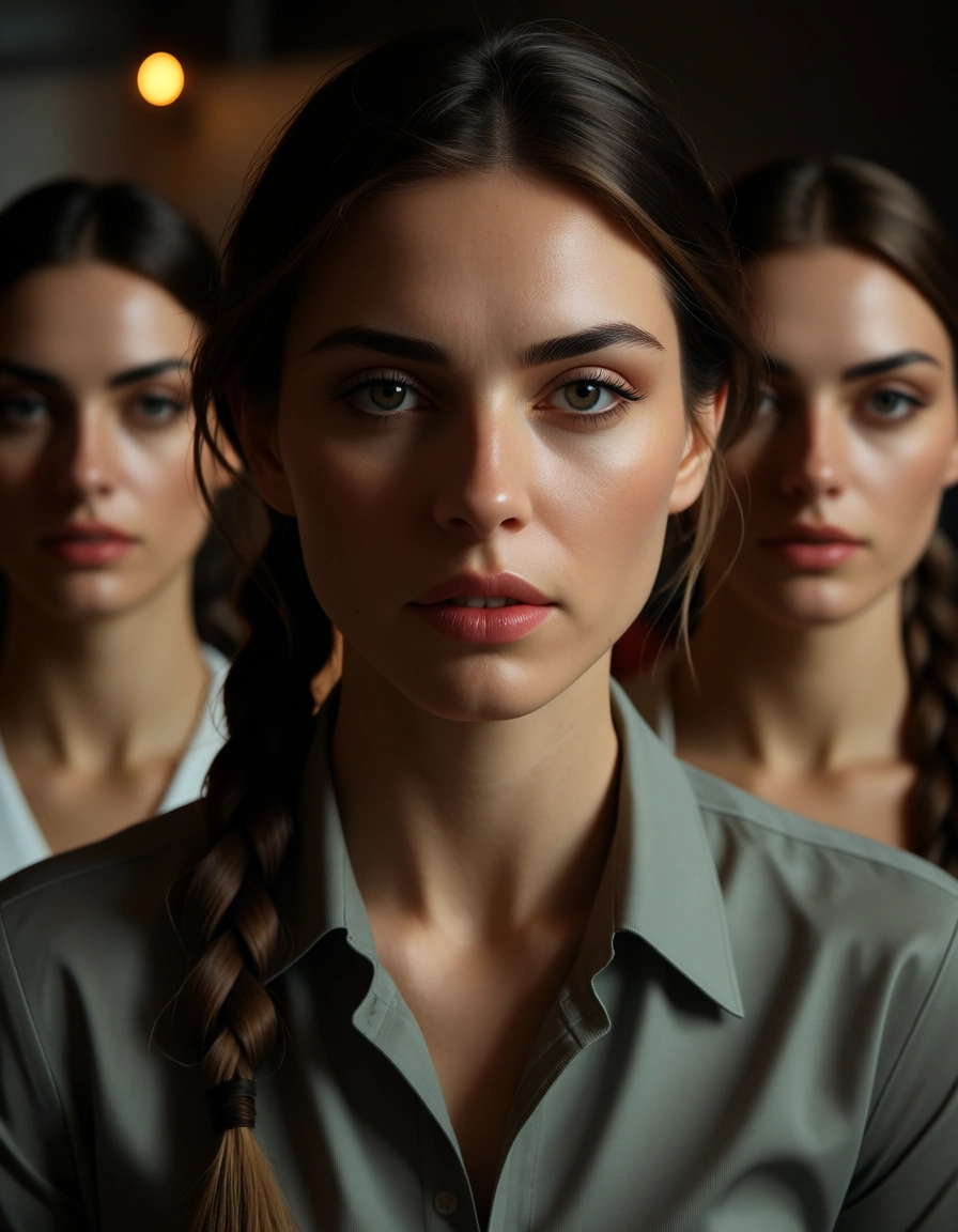 best quality, hyperrealistic, 5women, braid, collared shirt, facesitting, ambient glow, cinematic realism, score_9, score_8, candid photo, realistic skin texture, visible skin pores, film grain, depth of field
