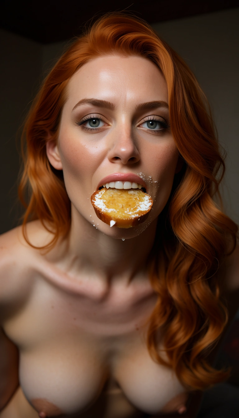 ultra HD, lifelike, redhead woman, food, bondage, 8k uhd photo