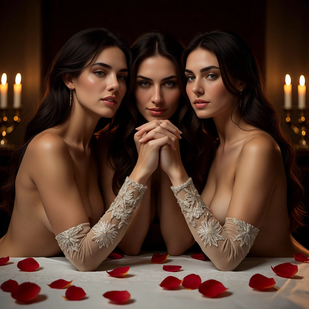 cinematic photo, 8k, 4women, holding hands, detached sleeves, facesitting, petals, wide shot, candlelight, cinematic realism