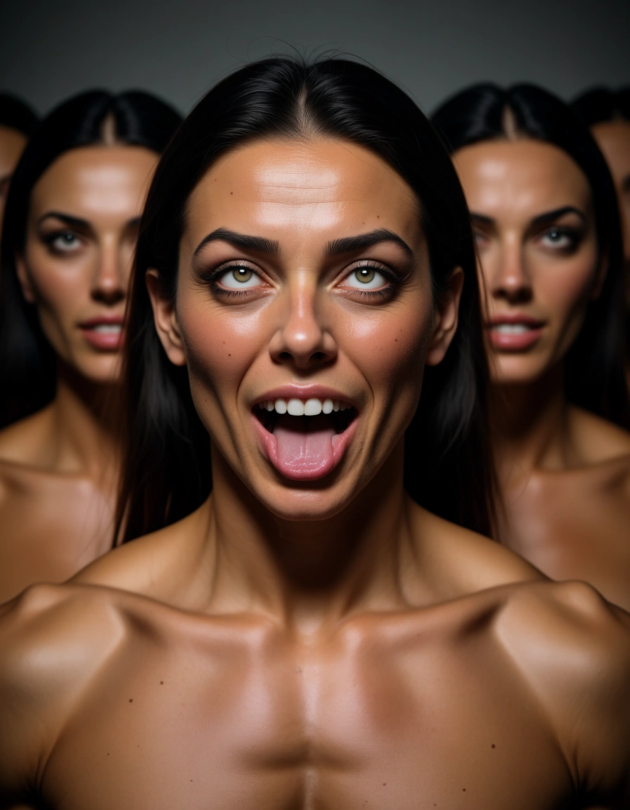 sharp focus, 8k uhd, 6+women, ahegao, muscular male, depth of field, natural skin texture, score_9, score_8, candid photo, realistic skin texture, visible skin pores, film grain, depth of field