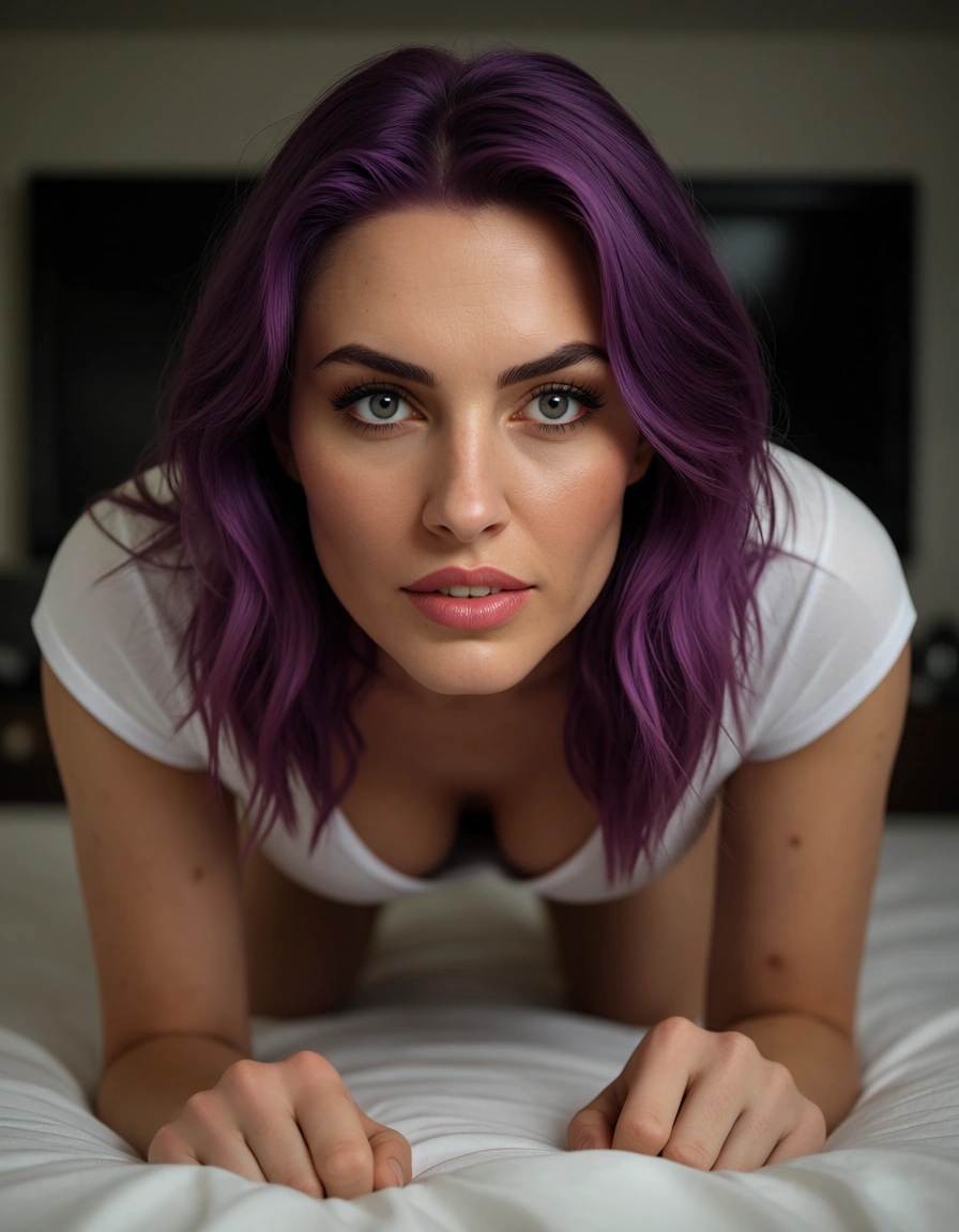 best quality, hyperrealistic, 2women, purple hair, short sleeves, on all fours, volumetric light, dslr quality, score_9, score_8, candid photo, realistic skin texture, visible skin pores, film grain, depth of field