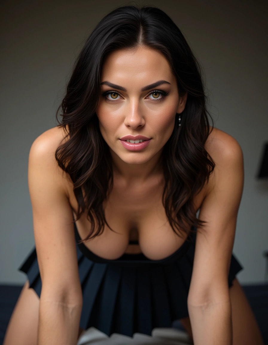 best quality, hyperrealistic, demon woman, pleated skirt, doggy style, natural skin texture, score_9, score_8, candid photo, realistic skin texture, visible skin pores, film grain, depth of field