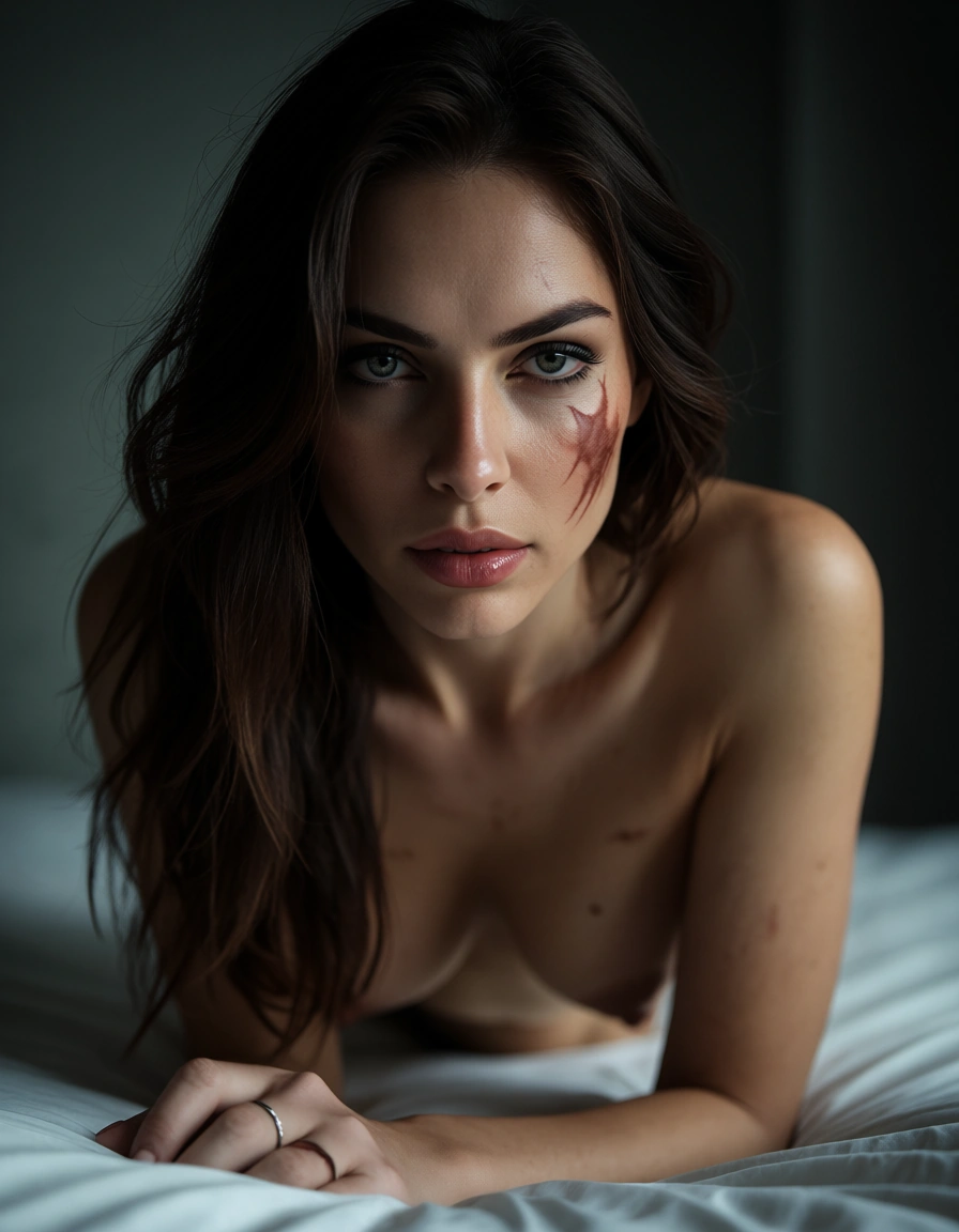 best quality, hyperrealistic, 1woman, presenting, scar, bed sheet, mysterious vibe, 8k uhd photo, score_9, score_8, candid photo, realistic skin texture, visible skin pores, film grain, depth of field