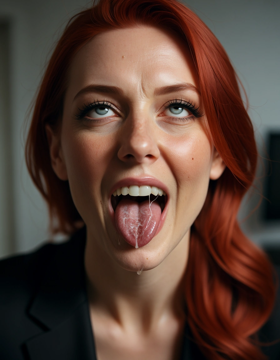 8k, sharp focus, detailed skin, office lady, red hair, food, ahegao, cinematic realism, score_9, score_8, candid photo, realistic skin texture, visible skin pores, film grain, depth of field