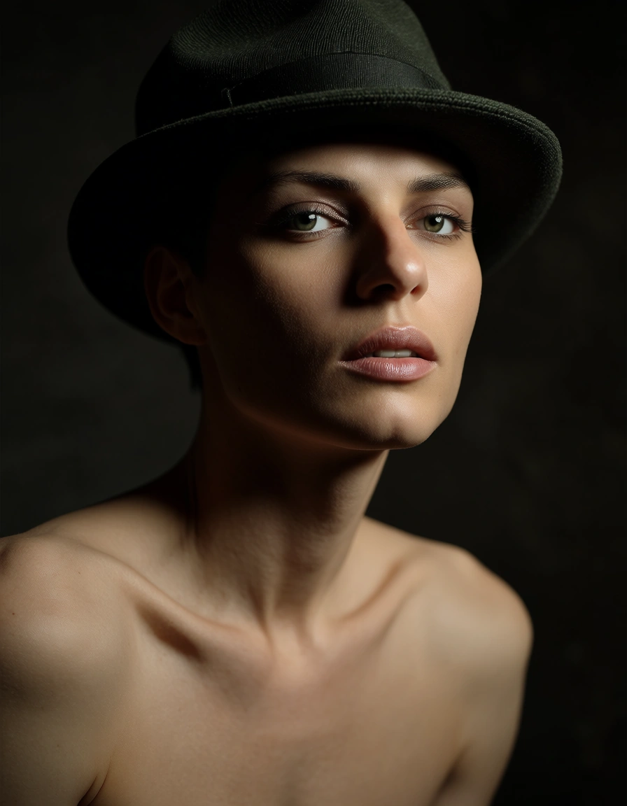 RAW photo, ultra realistic, 1other, hat, topless, volumetric light, lifelike render, score_9, score_8, candid photo, realistic skin texture, visible skin pores, film grain, depth of field