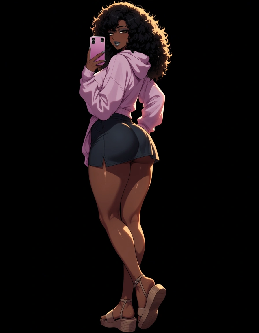 masterpiece, best quality, dark dark-skinned_female, grey lipstick, medium height, sandals, short skirt, skirt_lift ,puffy_sleeves, hoodie, long legs, full_body, feet, shiny_skin, round ass, ass_visible_through_thighs, curly_hair, long_hair, fluffy hair, black hair, heart-shaped_pupils, teasing viewer, feet_lift, leg_lift pov, outdoors, grocery store, evening time, dim lighting, hentai_studio_quality, selfie, hentai_studio_quality