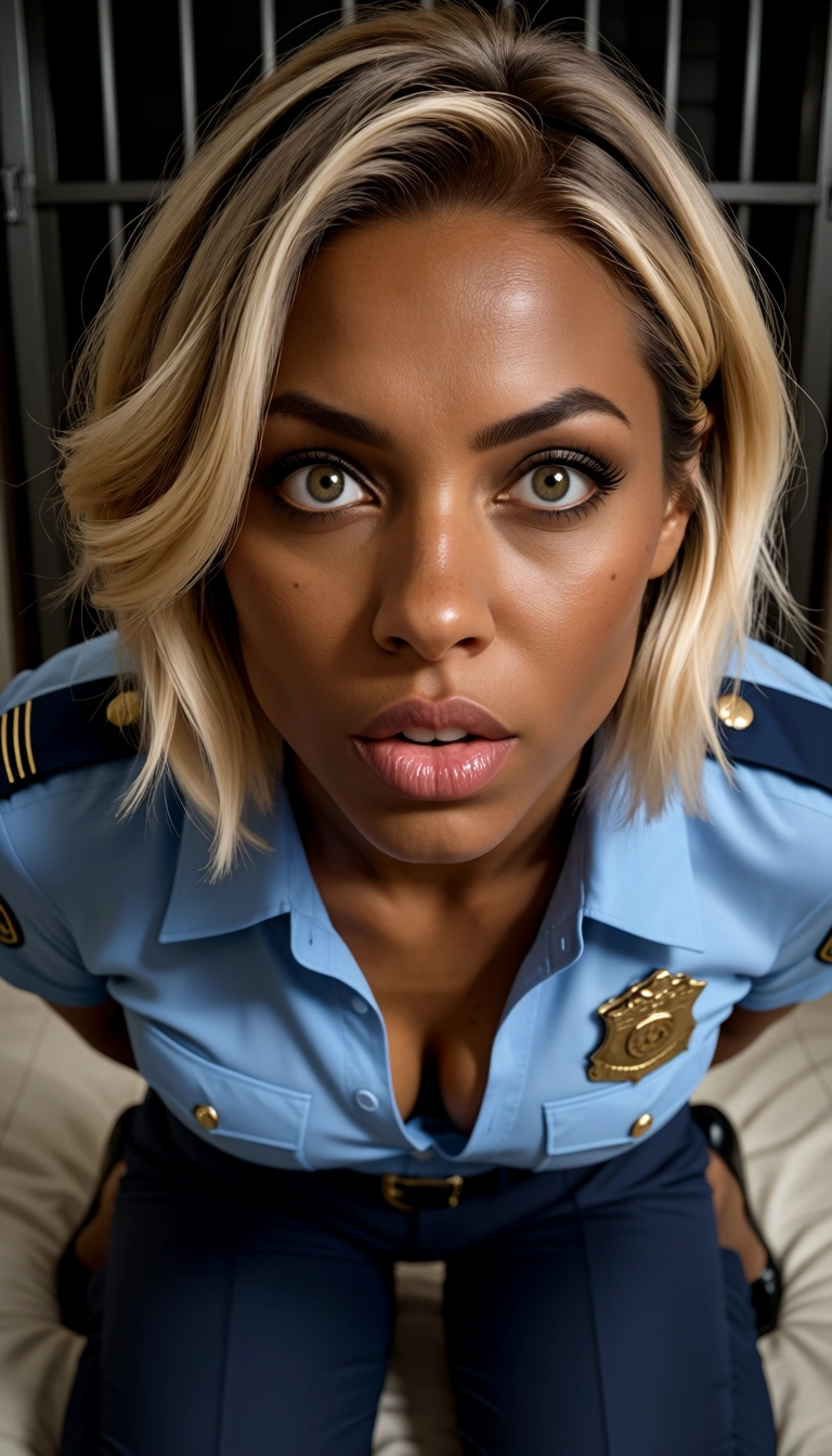 jail cell, (short blonde mature_female police officer, small_breasts, wearing police_uniform:1.5, shirt, pants, black_footwear), dark-skinned_male, kneeling interracial deepthroat, arms_behind_back, (handcuffs:1.5), solo, wide-eyed, close-up,, score_9, score_8, amateur photo, phone snapshot, realistic skin texture, skin blemishes, soft indoor lighting